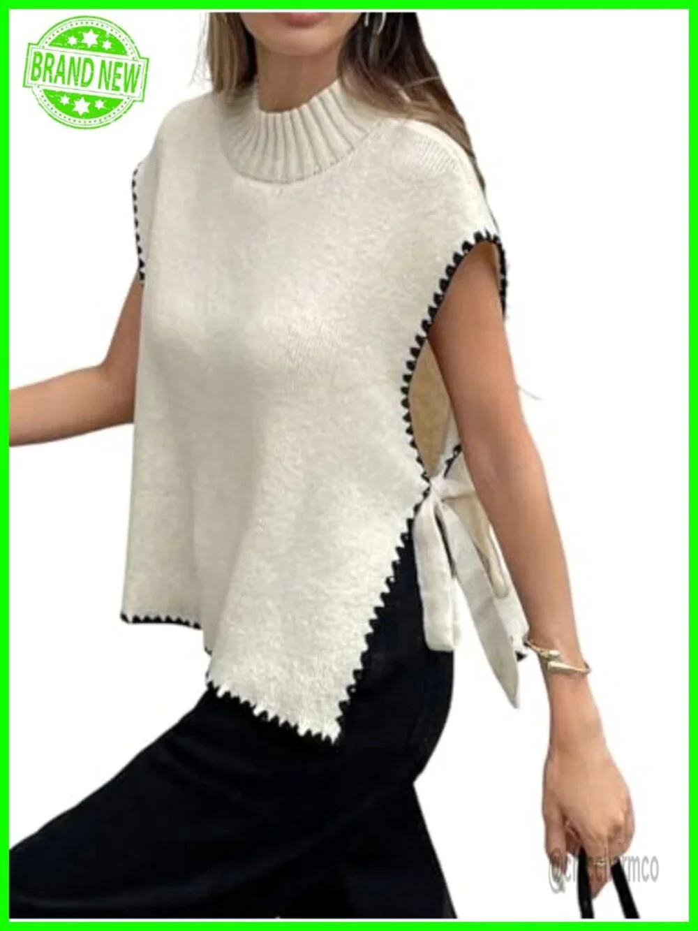 Mock Neck Cap Sleeve Soft Knit Sweater Vest Tie Knot Side Slit Lightweight Tops